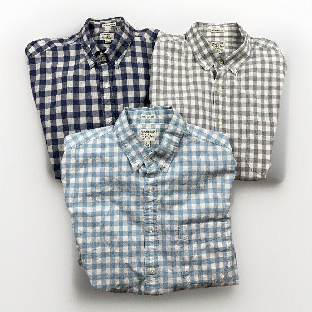 J Crew Slim Untucked Shirt Men's Large Check Navy, Gray, Light Blue - LOT of 3